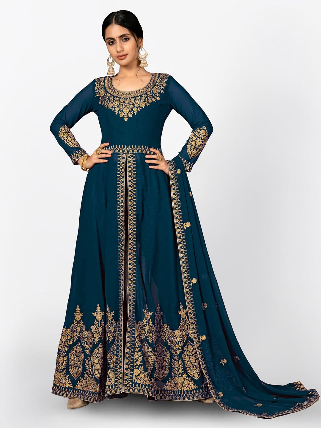 Turquoise Blue & Gold-Toned Embroidered Semi-Stitched Dress Material view 5