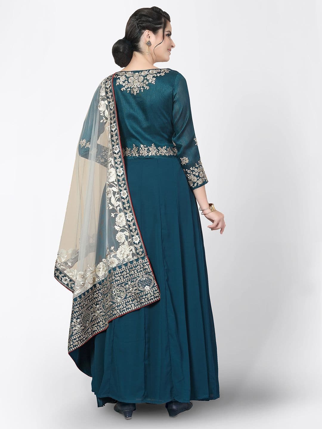 Turquoise Blue & Gold-Toned Semi-Stitched Dress Material view 5
