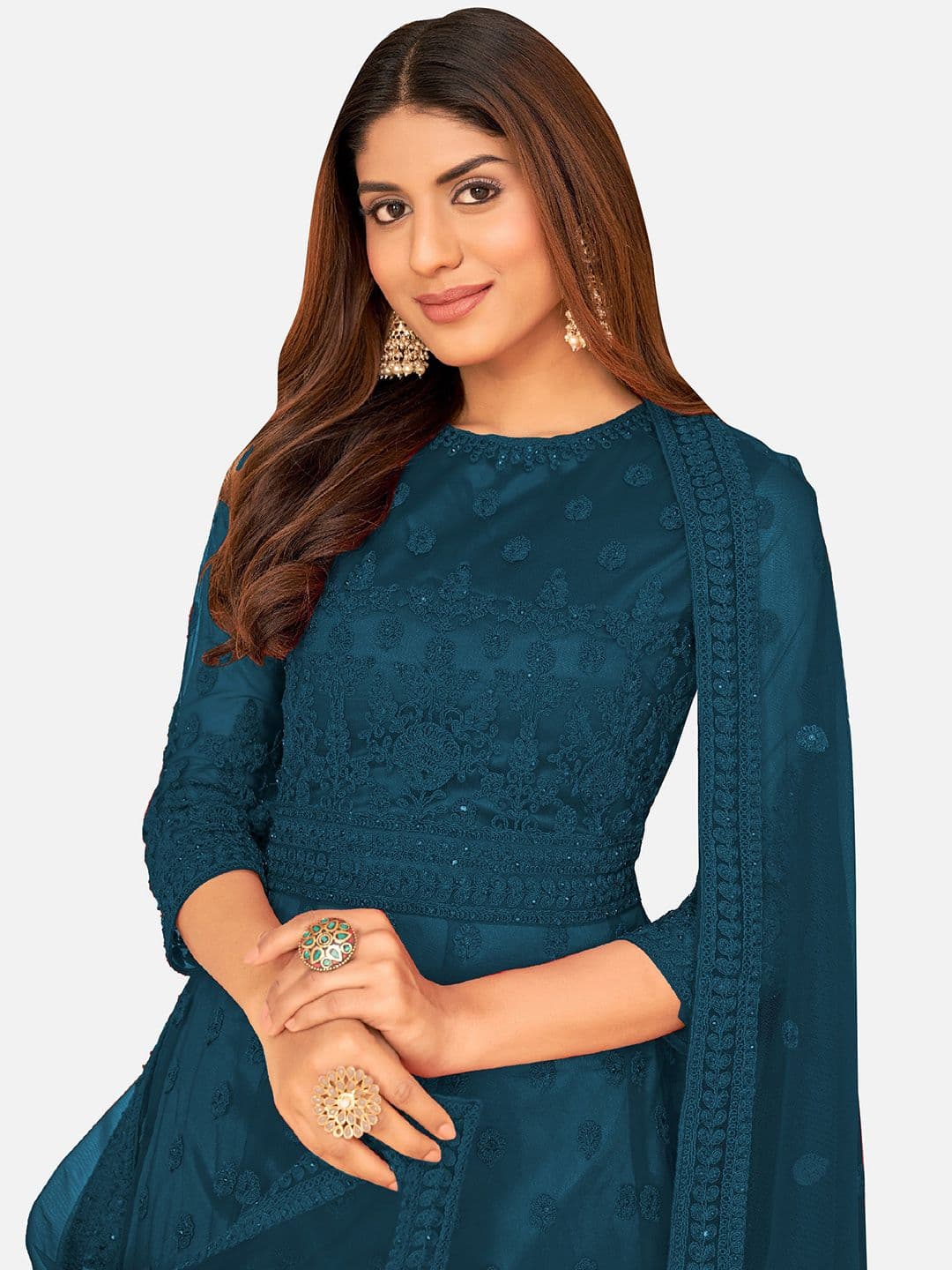 Turquoise Blue Embroidered Unstitched Dress Material view 2
