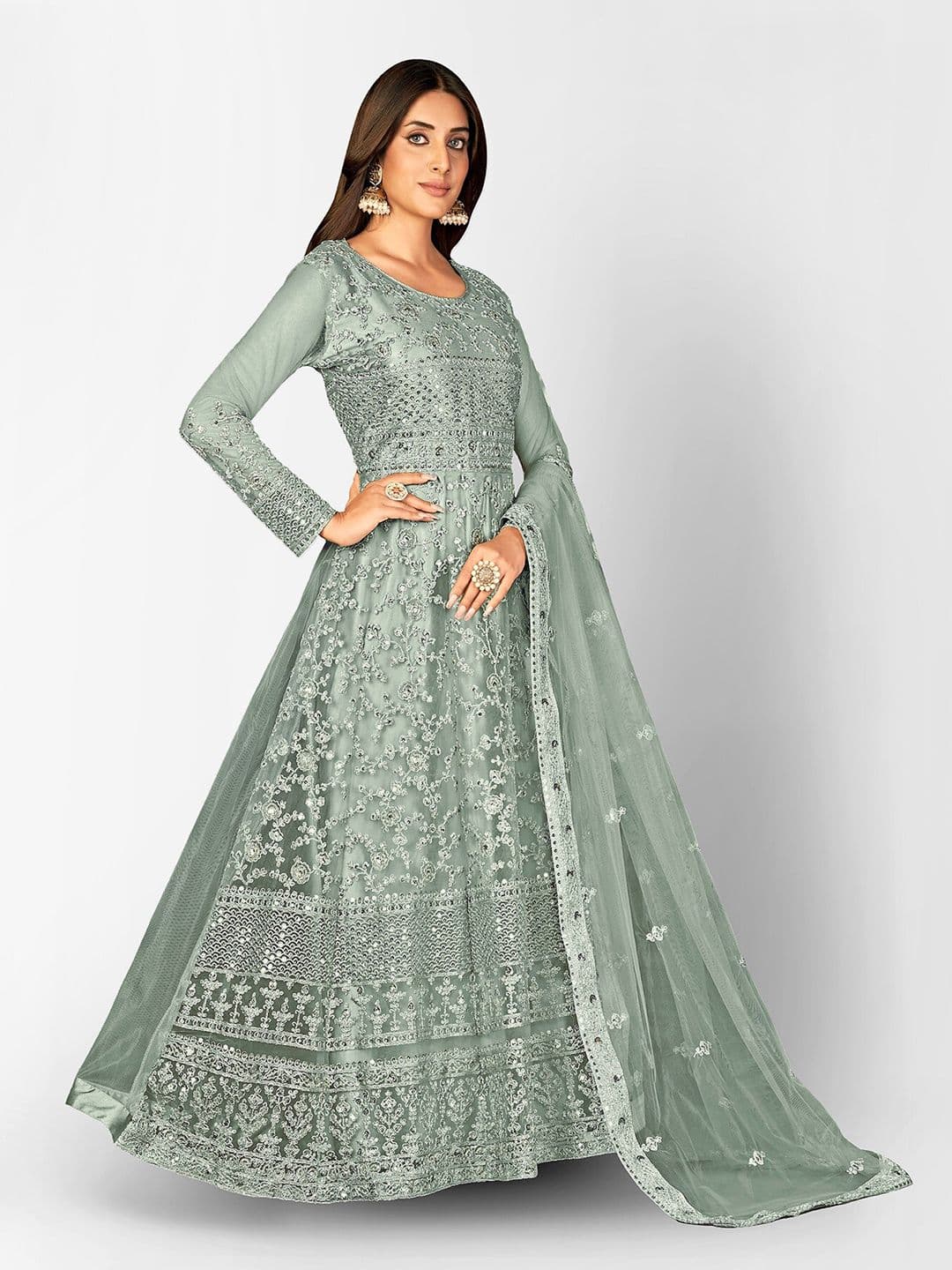 Grey Embellished Sequined Semi-Stitched Dress Material view 3
