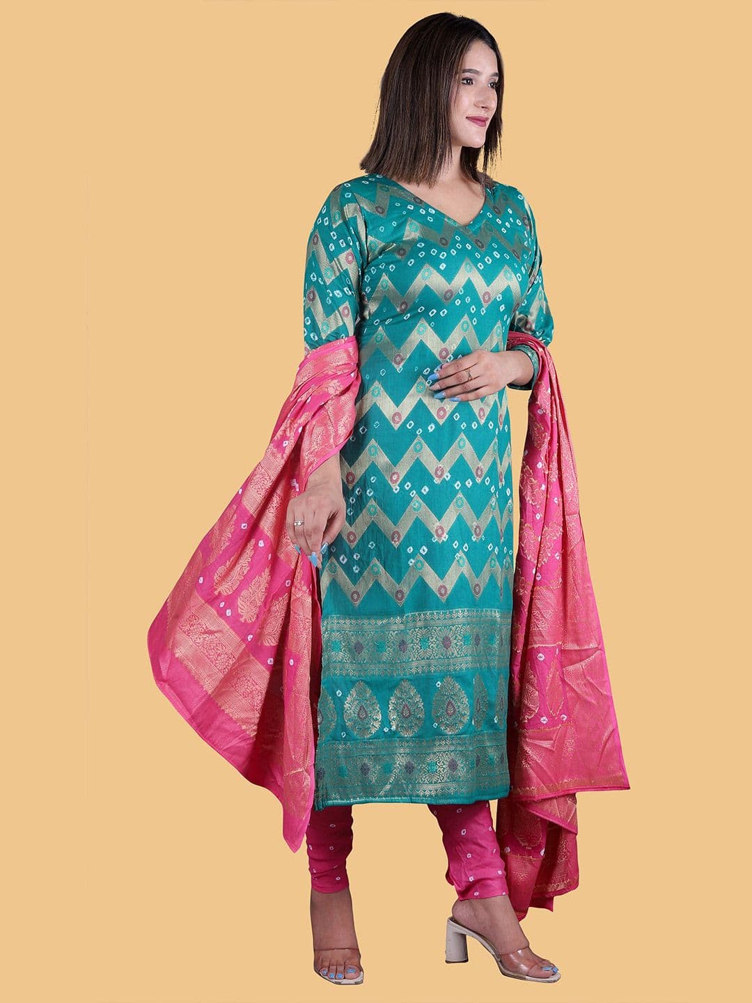 Women Turquoise Blue & Pink Pure Cotton Unstitched Dress Material view 3