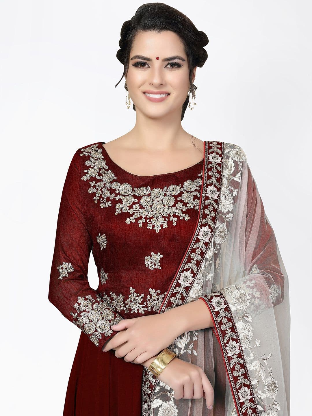 Red & White Embroidered Unstitched Dress Material view 2