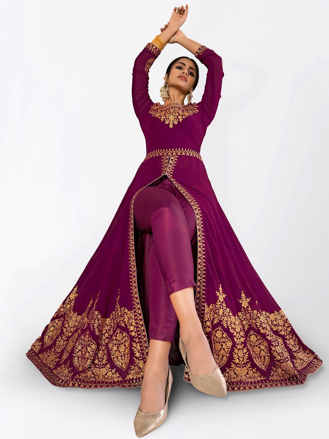 Purple & Gold-Toned Embroidered Unstitched Dress Material view 6
