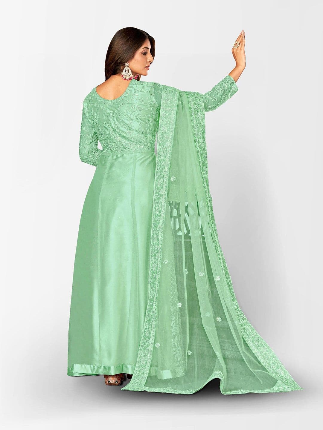 Green Embroidered Thread Work Semi-Stitched Dress Material view 4