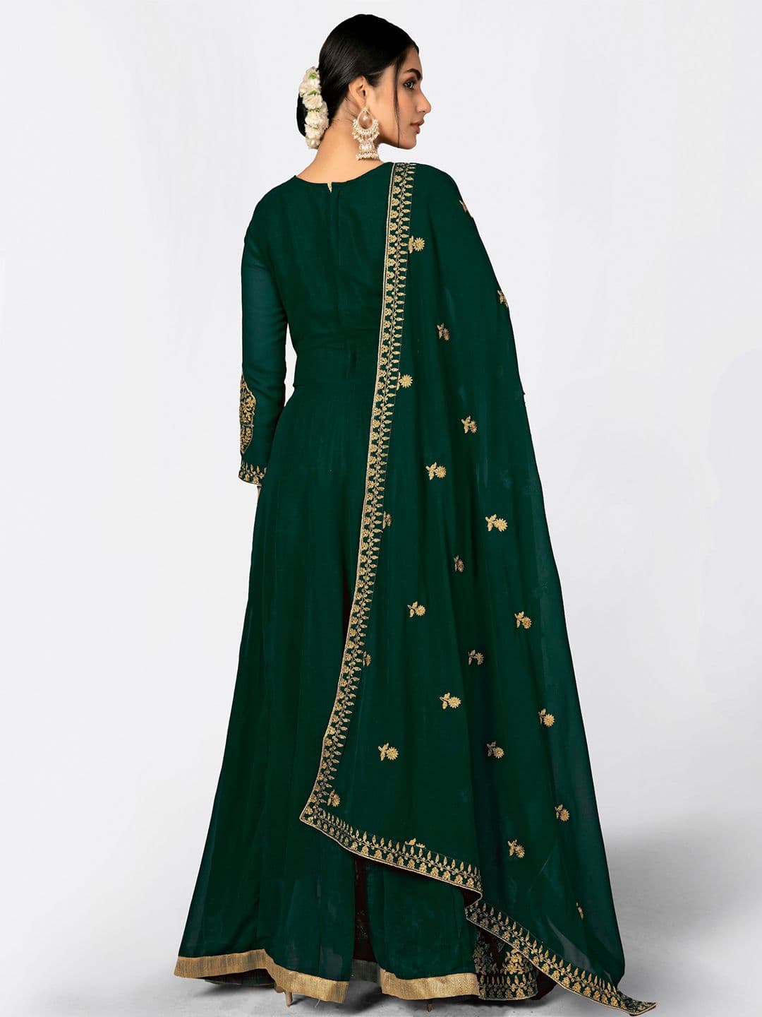 Green & Gold-Toned Embroidered Unstitched Dress Material view 4