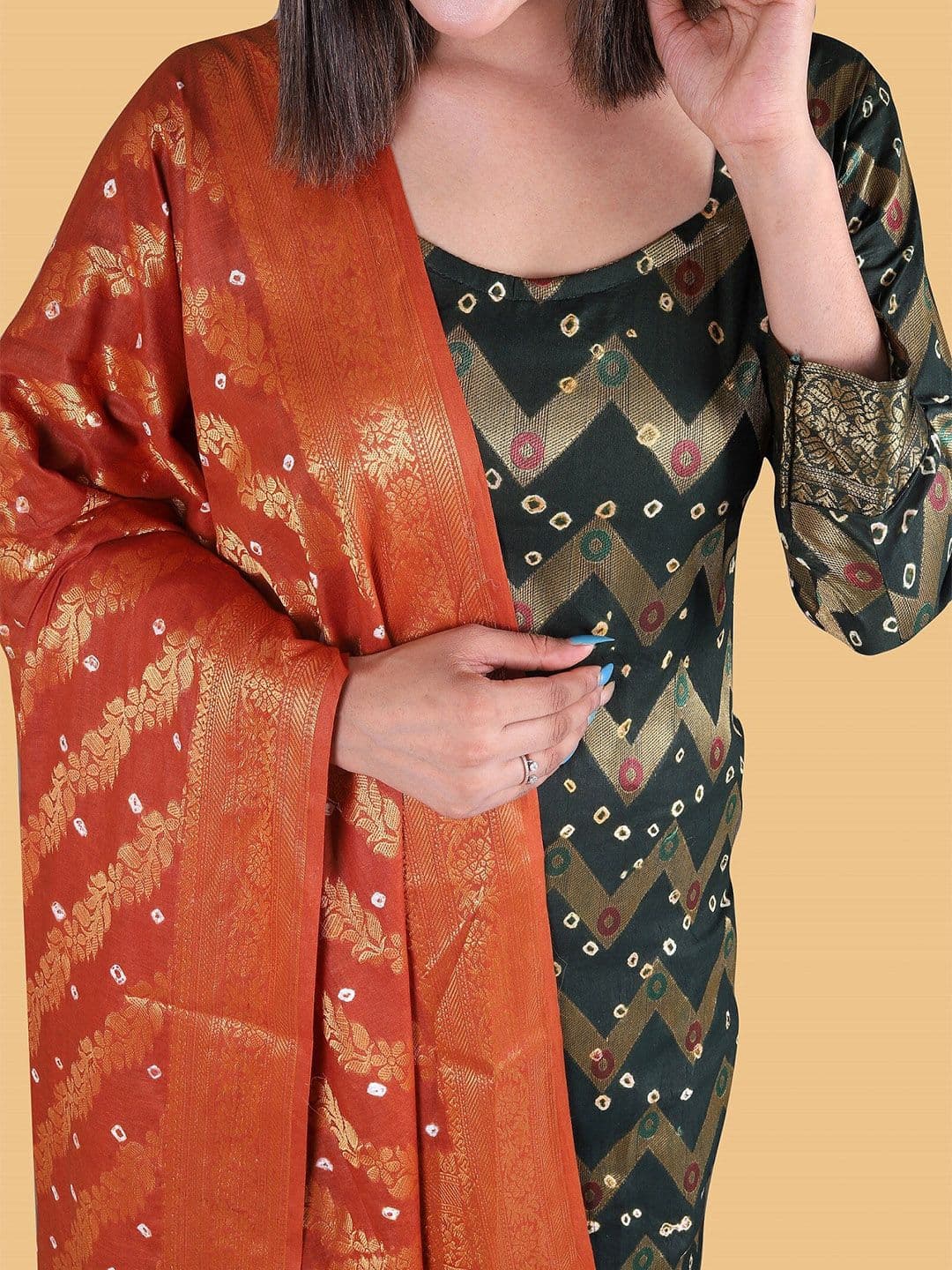 Women Green & Red Pure Cotton Unstitched Dress Material view 2