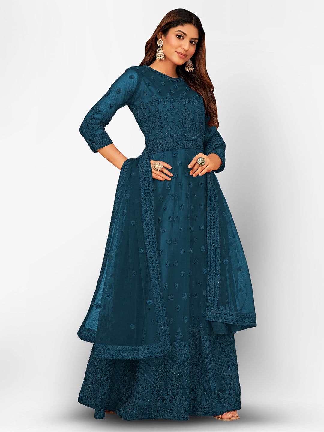 Turquoise Blue Embroidered Unstitched Dress Material view 3