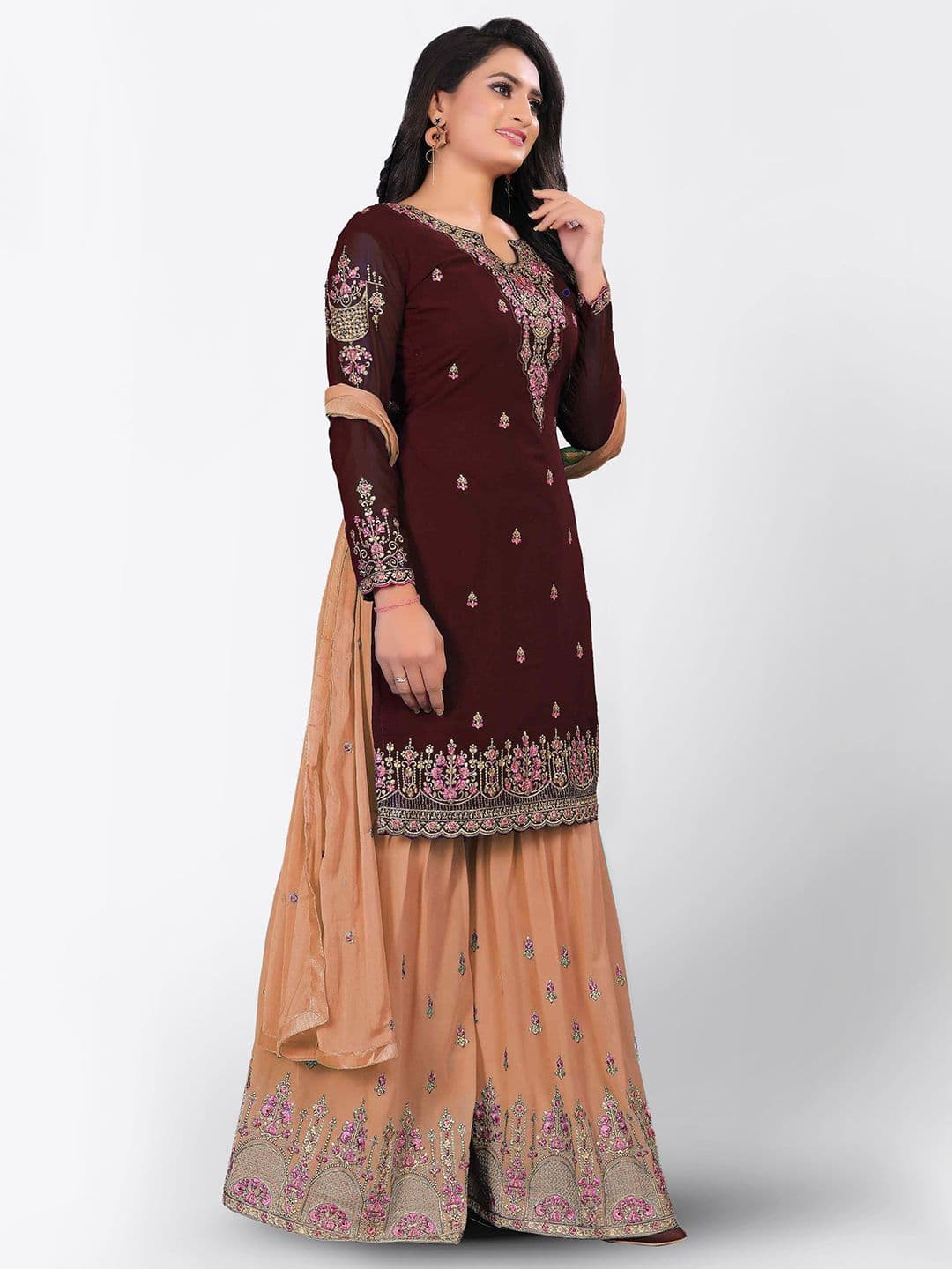 Brown & Peach-Coloured Embroidered Unstitched Dress Material view 2