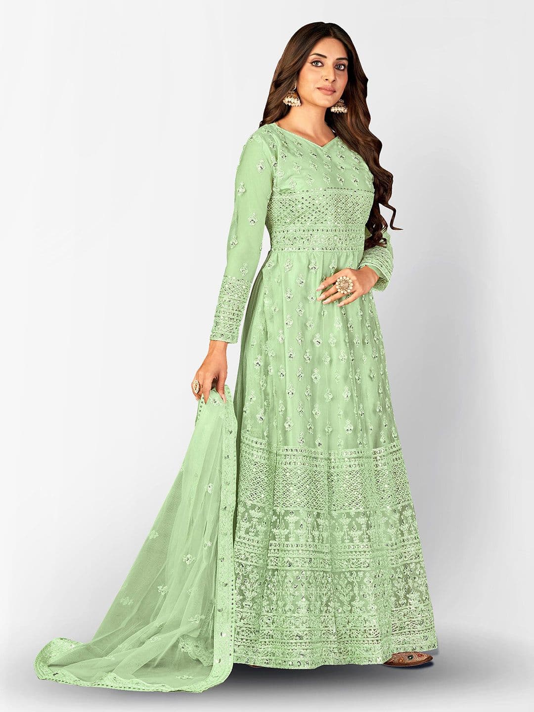 Green Embroidered Sequined Semi-Stitched Dress Material view 3