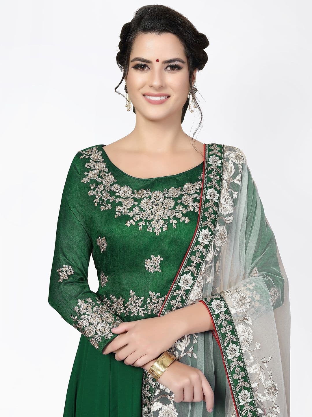 Green & White Embroidered Unstitched Dress Material view 2