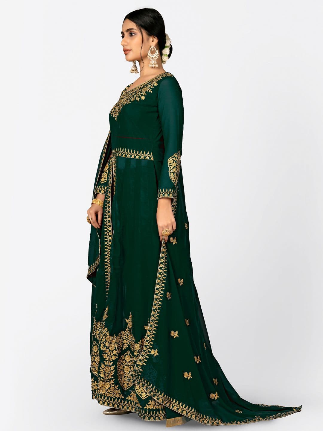 Green & Gold-Toned Embroidered Unstitched Dress Material view 3