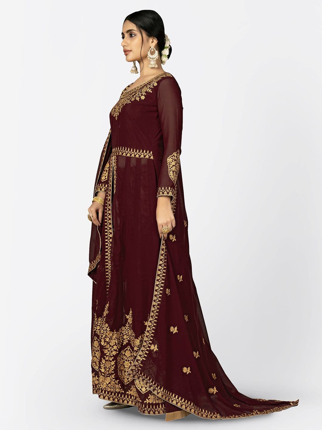 Maroon & Gold-Toned Embroidered Unstitched Dress Material view 3