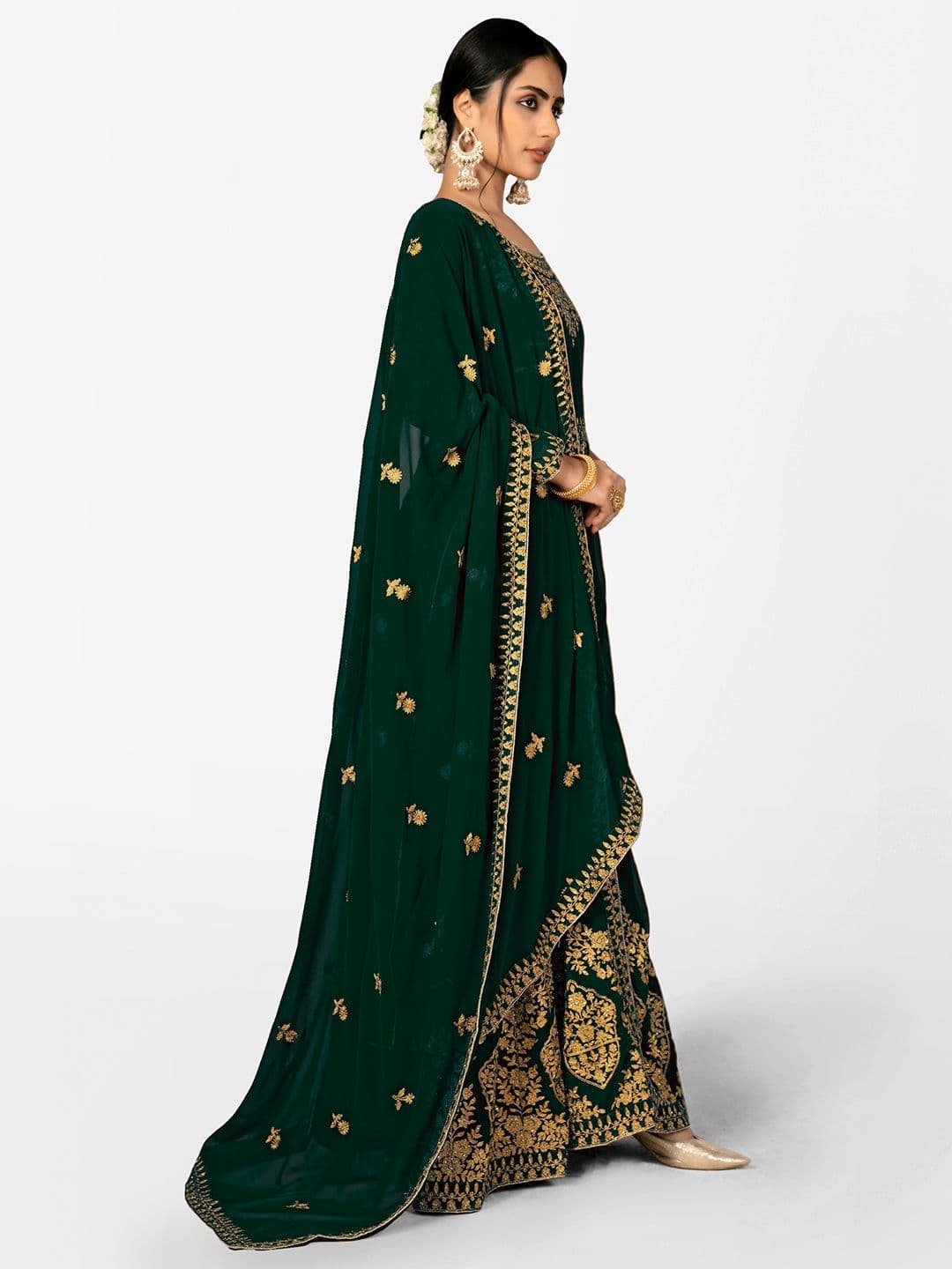 Green & Gold-Toned Embroidered Unstitched Dress Material view 2